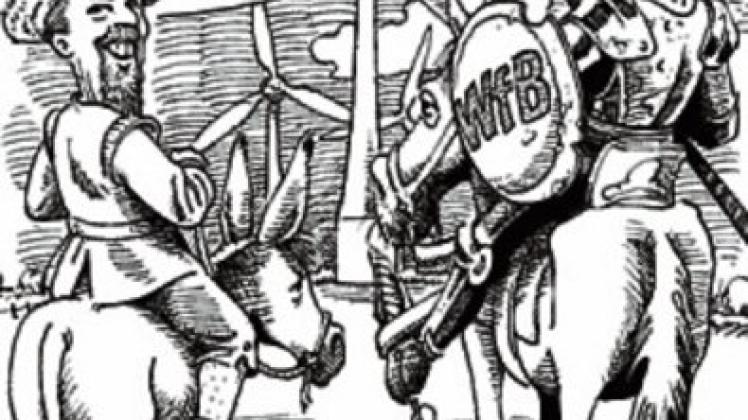 An Don Quijote und seinen Knappen, Sancho Pansa, fühlt sich Grafiker Uwe Schildmeier erinnert. Die Romanfigur des Miguel de Cervantes aus dem 16. Jahrhundert zog schwer bewaffnet in den Kampf gegen Windmühlen, weil er sie für gefährliche Riesen hielt. Don Quijote hat den Kampf übrigens verloren. Foto: schildmeier