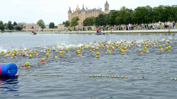 Gestartet wird beim Schlossschwimmen im Wasser. Das zu umrundene Schloss wartet im Hintergrund auf die Athleten. Fotos: Dietmar Albrecht (3) 
