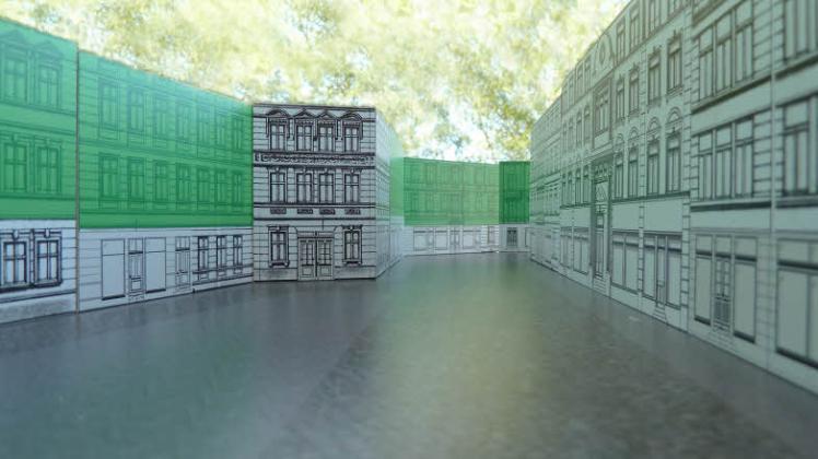 Virtuelle Stadt: So sieht die neue Berliner Straße in einem Computermodell aus. Die grünen Flächen stellen „Green Screens“ dar, in die Computerszenen während des Drehs montiert werden können.   Grafik: Joris Hamann 