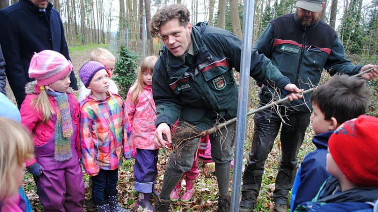 Waldpädagoge Matthias Poeszus erklärt den Kindern im Schulwald wie der Baum Wasser und Nährstoffe aufnimmt.   
