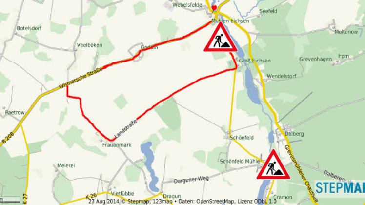 Die Strecke zwischen Mühlen Eichsen und Groß Eichsen ist von Montag an gesperrt. Die rot markierte Route ist die offizielle Umleitungsstrecke. Gebaut wird derzeit auch in Cramon.