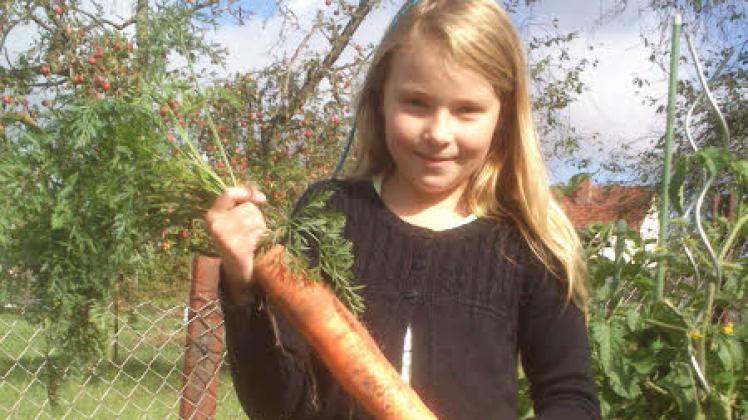 Hanna Johrde zeigt stolz ein XXL-Exemplar einer Möhre, die 586 Gramm auf die Waage bringt. 