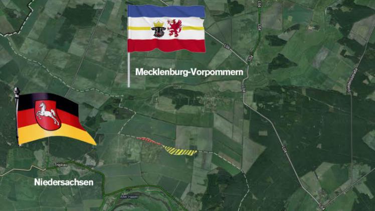 Gebietsaustausch südlich von Vielank (LK Ludwigslust-Parchim): Niedersachsen bekommt den gelben Teil; MV dafür den roten.