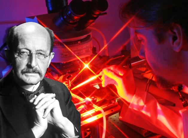 Max Planck, im Hintergrund eine Szene aus dem Max-Planck-Institut.