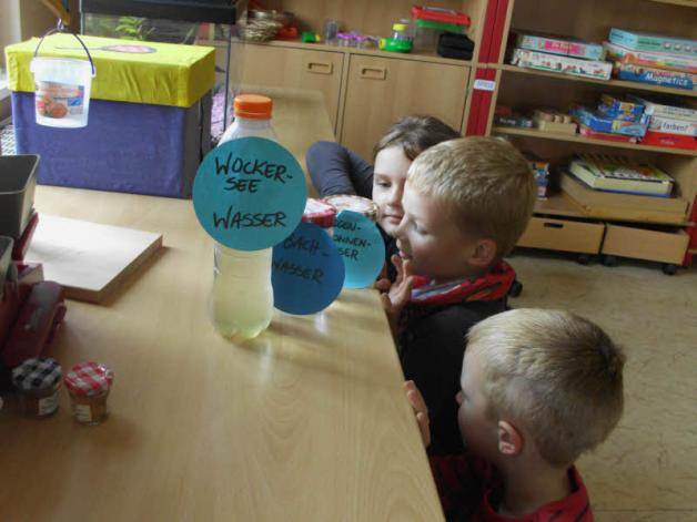 Die Jungen und Mädchen untersuchen verschiedene Wasserproben und vergleichen sie miteinander.