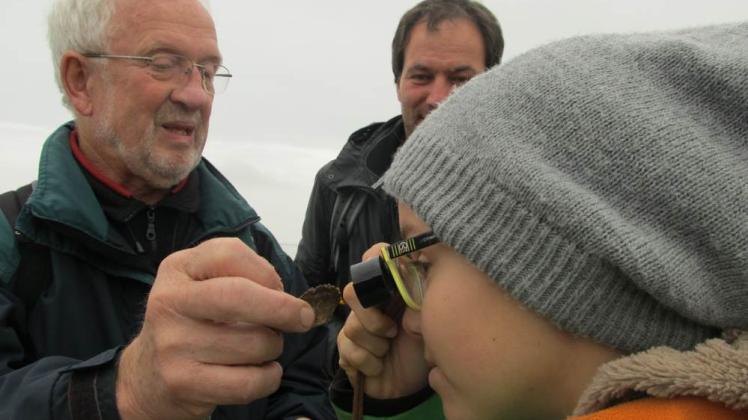 Die 14-jährige Daria aus Thüringen schaut sich mittels einer Lupe, die ihr Wanderleiter Wilfried Krümmer reicht, den Bewuchs einer Muschel an. Papa Mathias Ott verfolgt das Geschehen. 