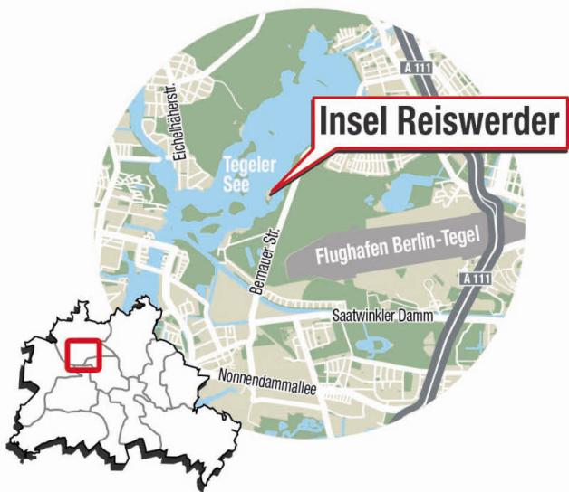 Die Insel Reiswerder liegt unweit des Flughafens Tegel. Grafik: Moz Die Insel Reiswerder liegt unweit des Flughafens Tegel. Grafik: Moz