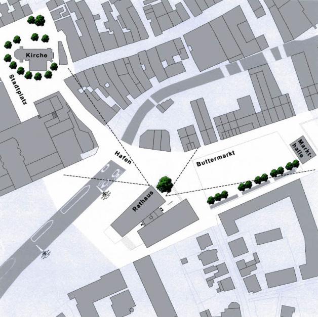 Der Vorschlag der Initiative Stadtbildgestaltung, Nachhaltigkeit, und Baukultur (SNB) sieht ein neues Rathaus westlich des Buttermarktes am Hafen. Laut Rahmenplan soll diese Fläche aber frei bleiben.  
