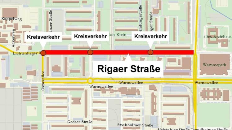 Drei Kreisverkehre – der größte am Knoten Ostseeallee – sollen den Verkehrsfluss verbessern. Grafik: Stepmap/NNN 