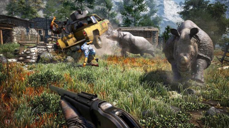 „Far Cry 4“ entführt in den Himalaya-Staat Kyrat, in dem Bürgerkrieg herrscht. Wie auch schon beim Vorgängerspiel kann sich der Spieler auf die Hilfe wilder Tiere verlassen. 