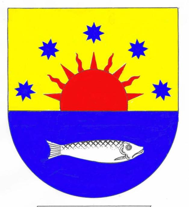 Das alte Wappen von Sylt-Ost: Hering auf blauem Grund, rote Sonne auf gelbem Grund und blaue Sterne für die Ortsteile.
