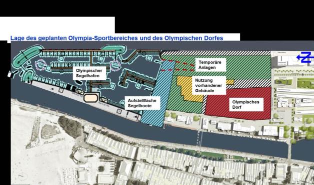 So könnte die Mittelmole aussehen: Neben der Wettkampfstätte soll hier auch das olympische Dorf entstehen.  Grafik: HanseStadt 