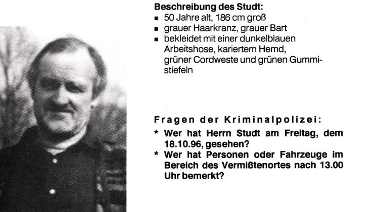 Das Plakat der Polizei, mit dem nach Hans-Werner Studt gesucht wurde.