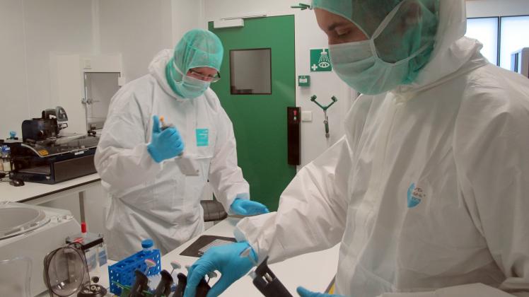 Techniker der Gendarmerie untersuchen im Kriminalinstitut  in Pontoise  die DNA der  geborgenen  Körperteile.