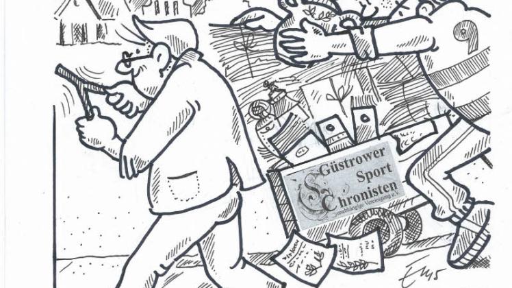 Der Güstrower Karikaturist Günter Endlich zeichnete das Problem der Sportchronisten aus seiner Sicht.
