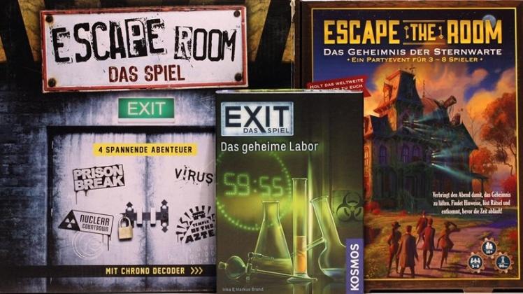 Escape-Room-Spiele für zu Hause: „Escape Room – Das Spiel“, „Escape the Room“ und „Exit – Das Spiel: Das geheime Labor“. 