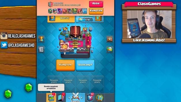So sehen seine Zuschauer „Clashgames“. In der Mitte wird das Spiel auf dem Tablet gezeigt, daneben sieht man Kevin. 