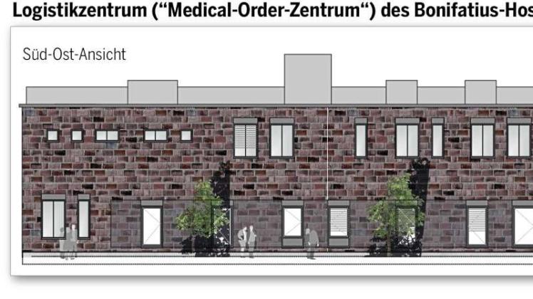 Bis Ende dieses Jahres soll das Logistikzentrum des Lingener Bonifatius Hospitals an der Schillerstraße fertiggestellt sein. Grafik: Bonifatius-Hospital