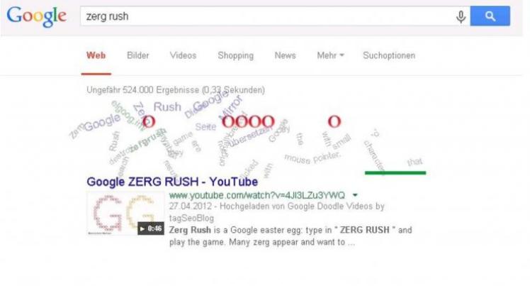 Google Easter Eggs: Wer bei Google nach „Zerg Rush“ sucht, muss erlebten, wie kleine O’s die Suchergebnisse zerstören. Am Ende formieren sich zu GG für Good Game. Eins von viel Google Eastereggs. Screenshot: dab
