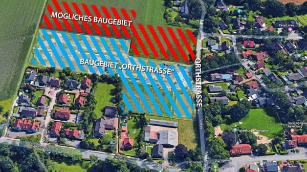 Im Bereich östlich Orthstraße/südlich Am Lindenhoff in Falkenburg könnte ein weiteres Baugebiet entstehen. Kartendaten: GeoBasisDE/BKG, Google / Grafik: Jan Eric Fiedler