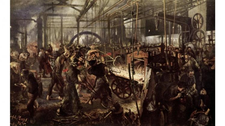 Es zischt, dampft, hämmert: Für sein „Eisenwalzwerk“ geht der Maler Adolph von Menzel 1872 mit dem Skizzenblock in die Fabrik. 