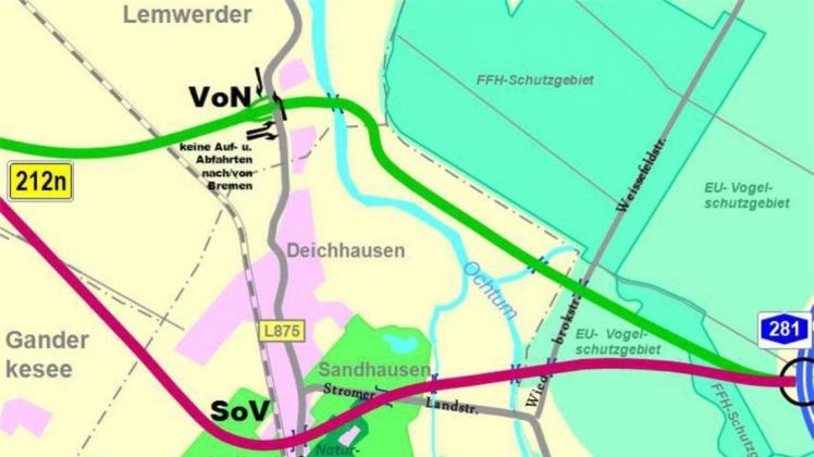 Wo führt sie denn lang? Mögliche Streckenverläufe der B212 neu aus der Wesermarsch (von links) zur A281 (rechts) in Bremen. Grafik: Stadt Delmenhorst