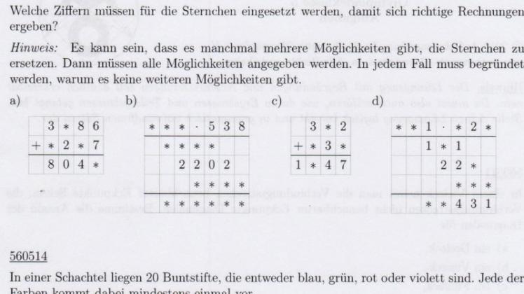 Aufgabe für die Klassenstufe 5: Ermittle die Zahlen für die Platzhalter. Screenshots von: Aufgaben Mathe-Olympiade Niedersachsen e.V.