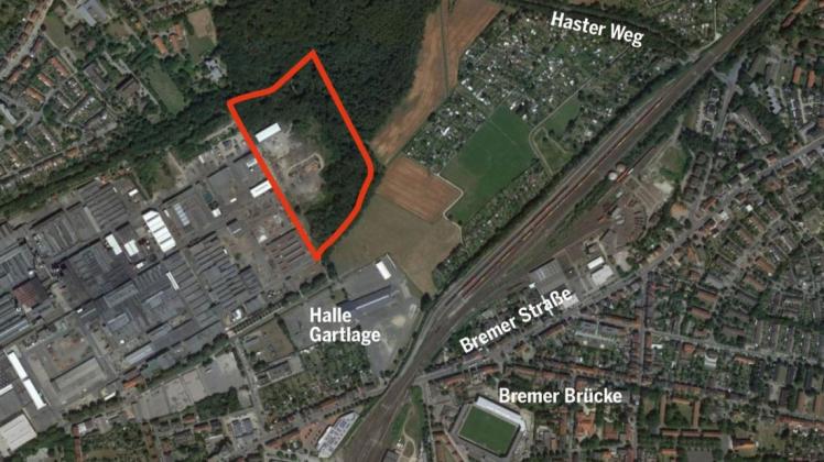 Auf diesem Grundstück (rot umrandet), das zum KME-Betriebsgelände gehört, sollte das Trainingszentrum der VfL-Profis entstehen.  Foto: Screenshot: Google