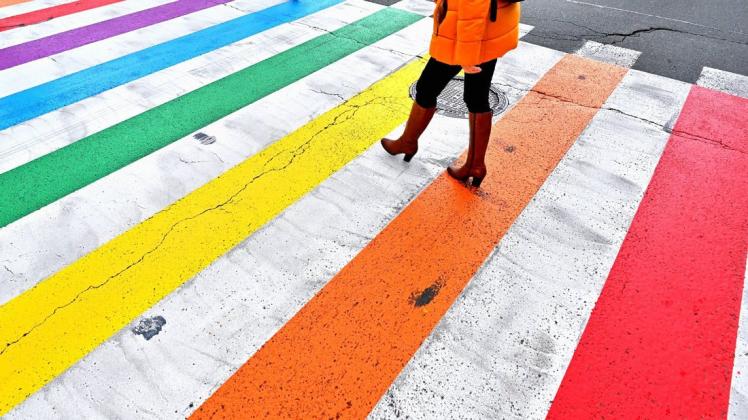 Symbolbild: Ein Zebrastreifen in Regenbogenfarben als Zeichen für Toleranz und Vielfalt; zentrales Thema in der Gleichberechtigungsdebatte.