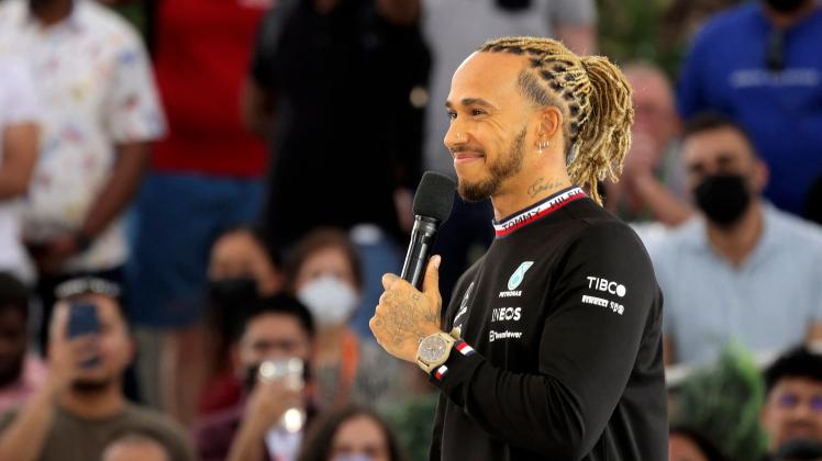 Mercedes&apos; British F1 Driver Lewis Hamilton speaks at Expo Dubai 2020 in the Gulf emirate on March 14, 2022. (Photo by Karim SAHIB / AFP)