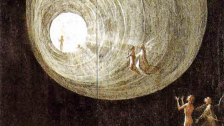 Engel geleiten Seelen zu einem Lichttunnel (Gemälde-Ausschnitt) – eine Nahtod-Erfahrung des Hieronymus Bosch.