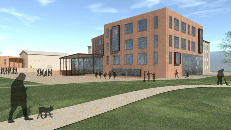 Der Hauptzugang zur Schule Mühlen Eichsen wird nach neuesten Planungen auf die Rückseite des bestehenden Gebäudes verlegt. (Entwurf)