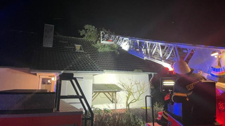 Feuerwehrleute mussten nachts in Lübz auf ein Hausdach, um einen umgestürzten Baum zu beräumen.