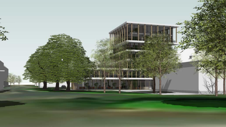 Im Kreativviertel der ehemaligen Winkelhausenkaserne will ein Investor dieses siebenstöckige Bürogebäude aus Holz errichten. 