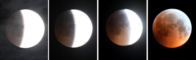 Die Bildkombo aus vier Einzelbildern zeigt die Phasen zur totalen Mondfinsternis, dem sogenannten Blutmond. Mond, Sonne und Erde stehen dabei genau in einer Linie. Foto: dpa/Carsten Rehder