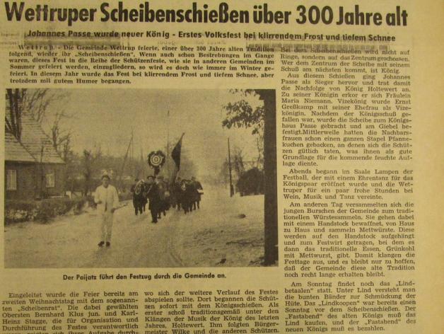 Die Lingener Tagespost berichtet regelmäßig über das Scheibenschießen in Wettrup, hier der Bericht über das Fest im Jahr 1963. 