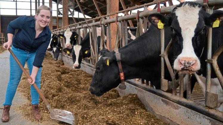 Jana Eilers schiebt Futter nach: Die Kühe auf dem Hof in Schönemoor werden dem Dürresommer 2018 zum Trotz gut versorgt über den Winter kommen. 