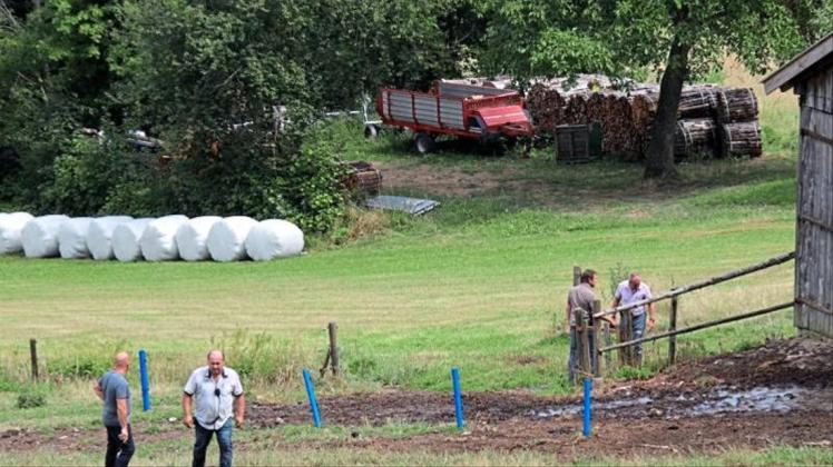 Polizisten in Zivil stehen auf einer Weide, auf der zuvor ein Stier zwei Menschen getötet hatte. 