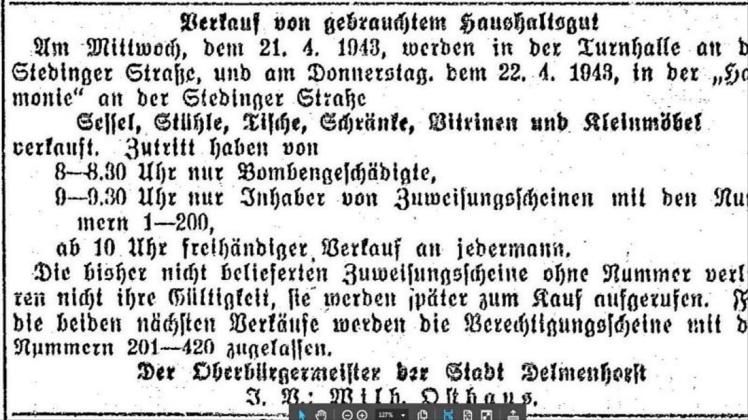 Anzeige der Stadt Delmenhorst im dk vom 20.4.1943:„Verkauf von gebrauchtem Haushaltsgut“ (sog. „Hollandmöbel“ oder „Judenmöbel“) 
