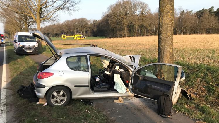 Noch an der Unfallstelle auf der B214 zwischen Andervenne und Fürstenau verstarb der Fahrer dieses Peugeot. Noch an der Unfallstelle auf der B214 zwischen Andervenne und Fürstenau verstarb der Fahrer dieses Peugeot.
