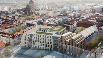 So soll der neue Rathausanbau in Rostock aussehen, der nach jetzigen Planungen ab Ende 2022 gebaut werden soll.