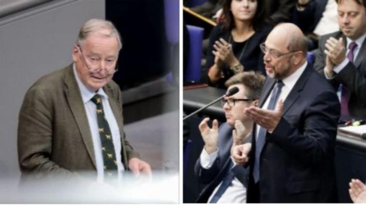 Der ehemalige SPD-Vorsitzende Martin Schulz (rechts) wirft AfD-Fraktionschef Alexander Gauland eine faschistische Rhetorik vor. Foto: dpa/Montage