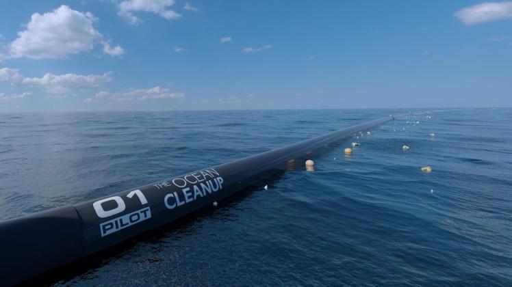 Die Saugertechnik von &apos;The Ocean Cleanup&apos;: Wie Fangarme sollen sich zwei Kunststoffrohre von je 600 Metern Länge um Berge von Plastikmüll legen.