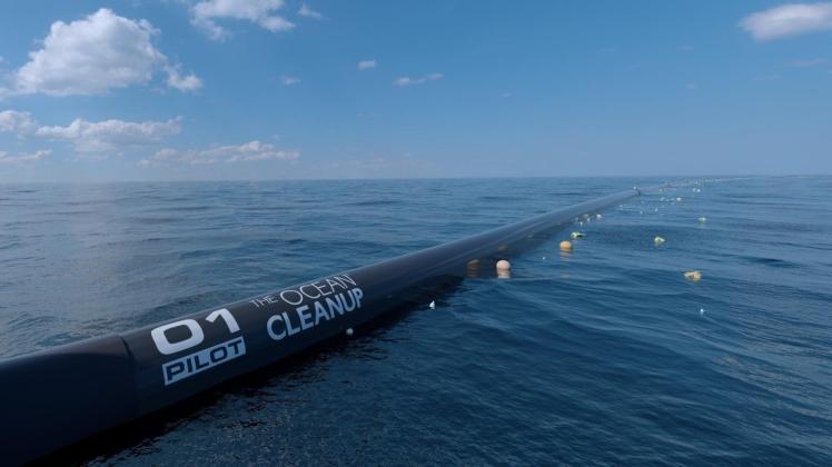 Die Saugertechnik von &apos;The Ocean Cleanup&apos;: Wie Fangarme sollen sich zwei Kunststoffrohre von je 600 Metern Länge um Berge von Plastikmüll legen. 