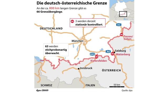 Die Grenze zwischen Deutschland und Österreich. Grafik: dpa/S. Scheffer/J. Schneider/A. Stober Die Grenze zwischen Deutschland und Österreich. Grafik: dpa/S. Scheffer/J. Schneider/A. Stober