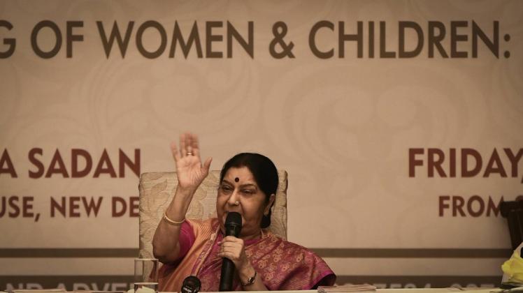 Die indische Außenministerin Sushma Swaraj spricht am vergangenen Freitag auf einer Konferenz zum Thema Verbesserung der Lebensumstände indischer Frauen und Mädchen. Immer wieder kommt es in Indien zu Vergewaltigungen und sexuellem Missbrauch von Frauen und Minderjährigen. Symbolfoto: imago/IndraneelChowdhury