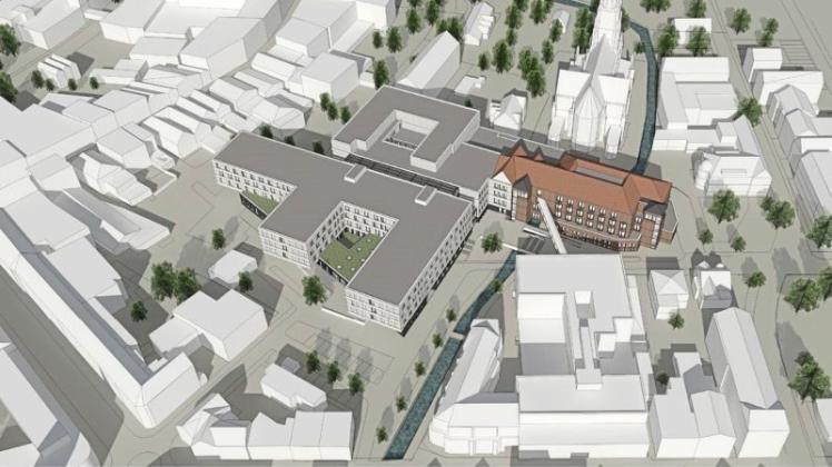 Entwurf für ein neues Krankenhaus in der Delmenhorster Stadtmitte: Die Stiftung St. Josef-Stift sieht diese Plänen nun in Gefahr. 