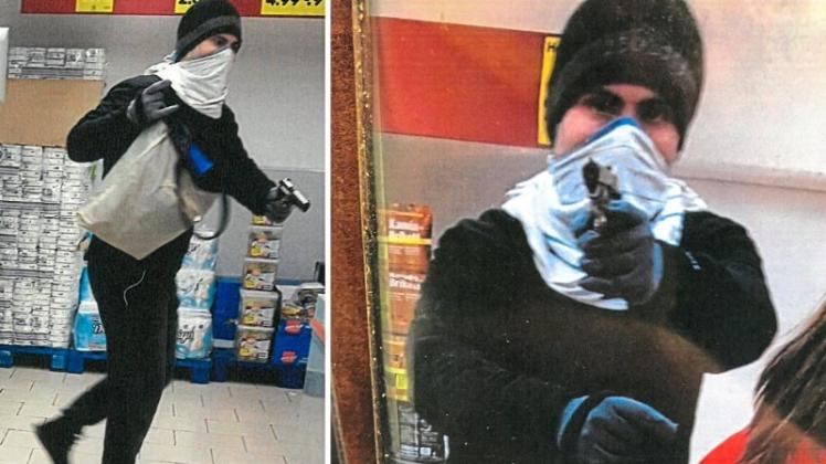 Mit diesen beiden Bildern sucht die Polizei nach einem Supermarkt-Räuber aus Huchting. Fotos: Polizei