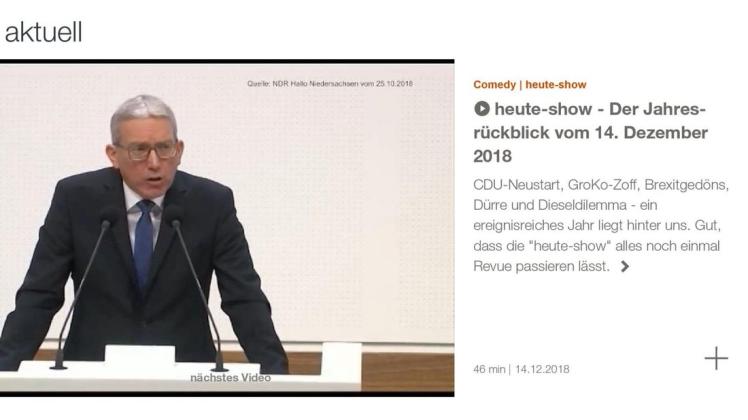 Prominent platziert: Im Jahresrückblick der Heute-Show tauchte der Glandorfer Landtagsabgeordnete Martin Bäumer mit sehr bildlichen Worten über Wolfsrisse auf. Screenshot: NOZ