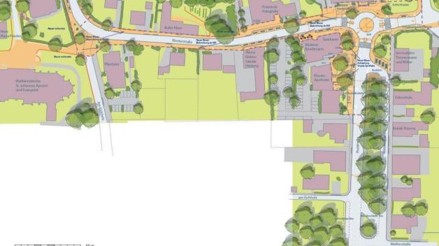So soll der Wittekindplatz künftig aussehen: Im südlichen Bereich (unten rechts in der Skizze) entsteht eine Buswendeschleife. Entwurf: Hyco Verhaagen/Gemeinde Wallenhorst